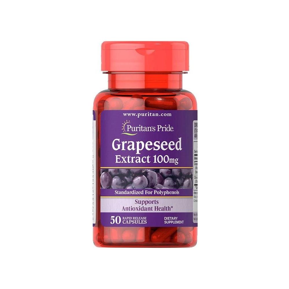 Puritan's Pride Grapeseed Extract 100 mg bottle, supports antioxidant health with polyphenols, 50 rapid release capsules.