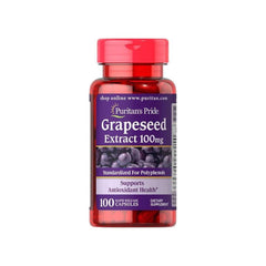 Puritan's Pride Grapeseed Extract 100 mg supplement bottle, supports antioxidant health with polyphenols.