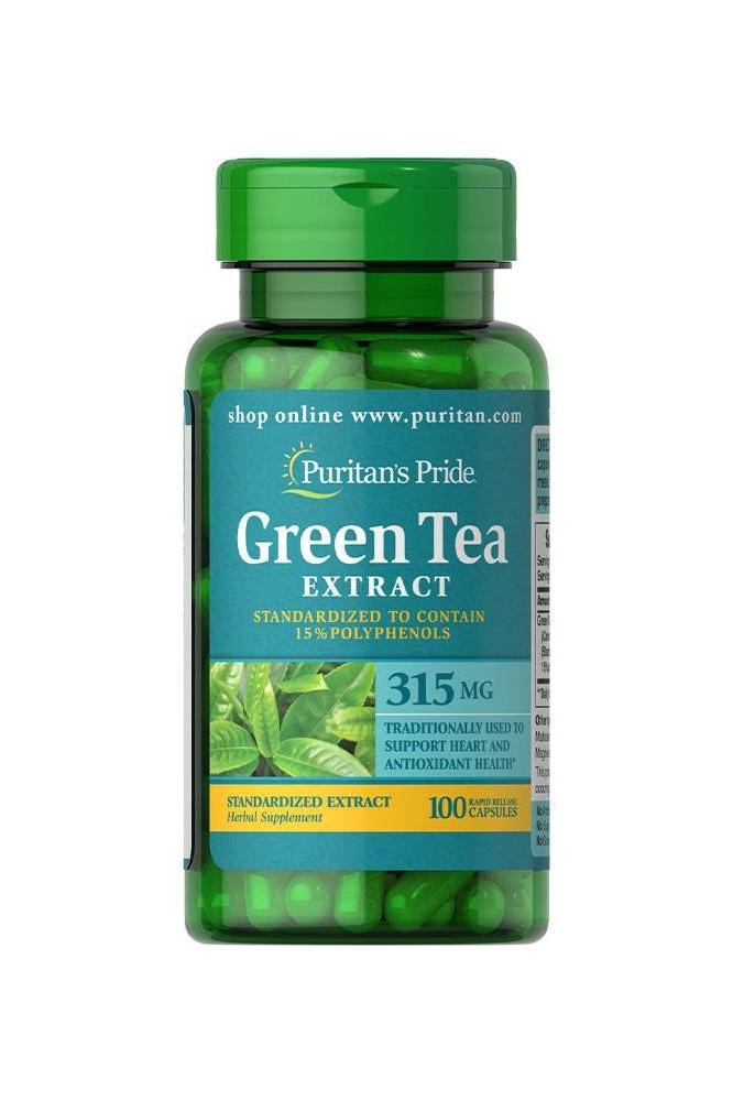 Puritan's Pride Green Tea Extract 315 mg - 100 capsules bottle featuring antioxidant support.