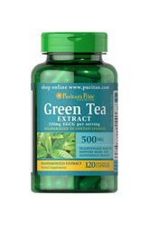 Puritan's Pride Green Tea Extract 500 mg, 120 capsules, promotes antioxidant health and supports heart wellness.