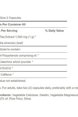Supplement facts label for Puritan's Pride Green Tea Extract 1000mg, detailing ingredients and serving size.