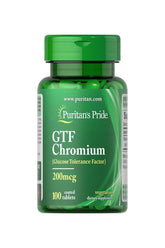 Puritan's Pride GTF Chromium 200 mcg dietary supplement bottle with 100 vegetarian coated tablets.