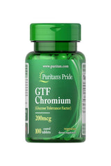 Puritan's Pride GTF Chromium 200 mcg dietary supplement bottle with 100 vegetarian coated tablets.