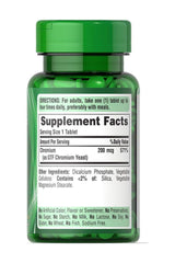 Green bottle of Puritan's Pride GTF Chromium 200 mcg tablets with supplement facts label showing ingredients and directions.