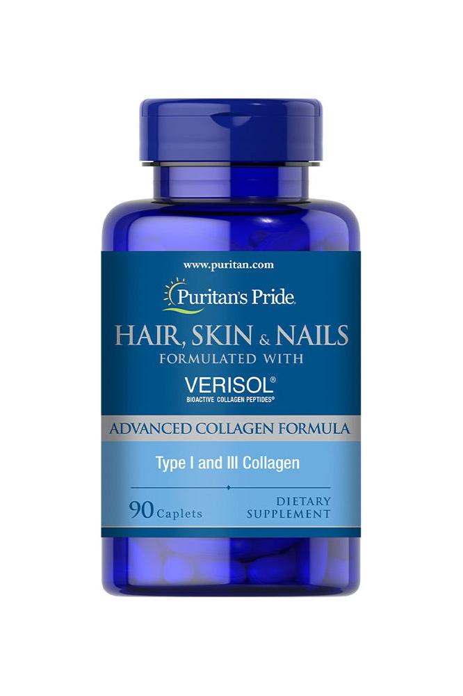 Puritan's Pride Hair, Skin & Nails dietary supplement with VERISOL, 90 caplets for healthy hair, skin, and nails.