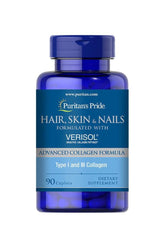 Puritan's Pride Hair, Skin & Nails dietary supplement with VERISOL, 90 caplets for healthy hair, skin, and nails.