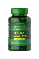 Puritan's Pride Herbal Laxative Capsules bottle, 100 capsules for promoting regularity and gentle cleansing.