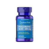 Puritan's Pride Hyaluronic Acid 100 mg supplement in blue bottle, 30 rapid release capsules.