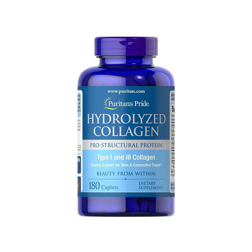 Puritan's Pride Hydrolyzed Collagen supplement with 180 caplets for skin and joint health support.