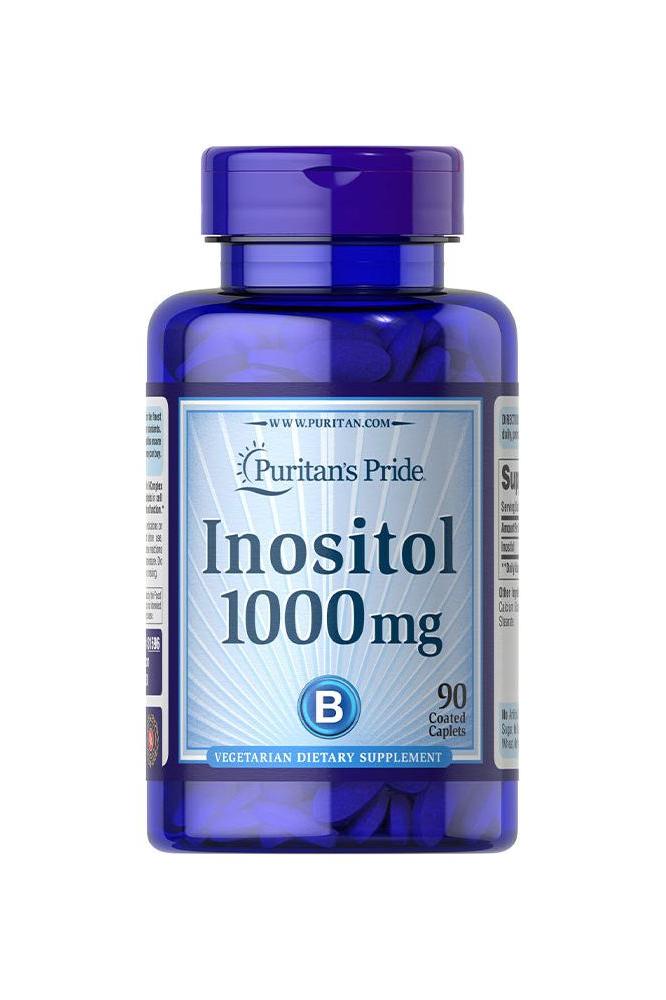 Puritan's Pride Inositol 1000 mg supplement bottle with 90 caplets for mental and heart health.