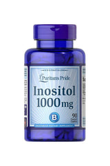 Puritan's Pride Inositol 1000 mg supplement bottle with 90 caplets for mental and heart health.