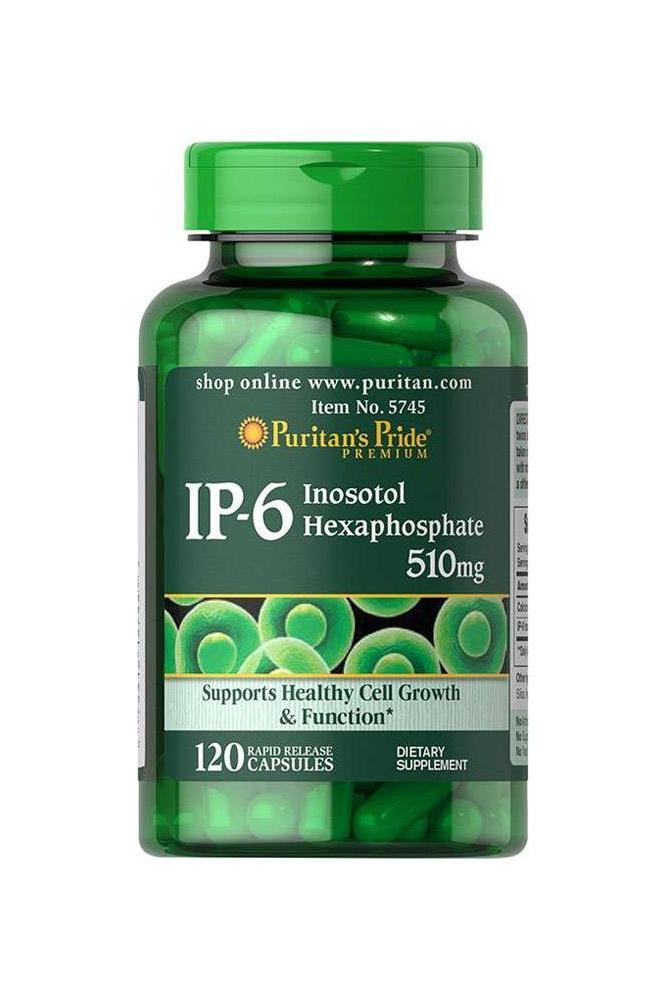 Puritan's Pride IP-6 Inositol Hexaphosphate 510 mg supplement bottle, 120 capsules for healthy cell growth.