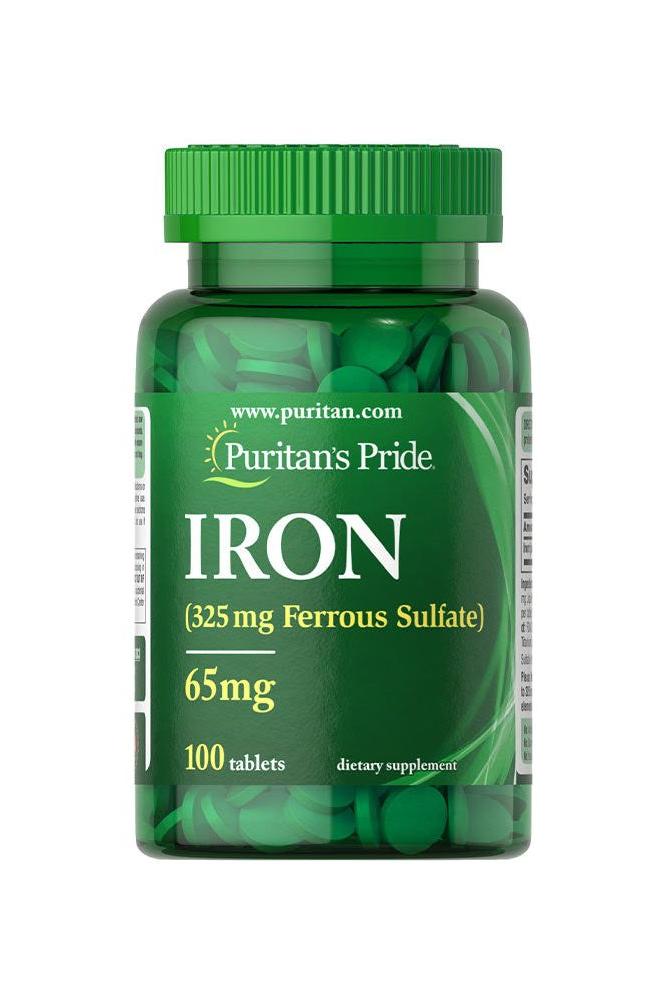 Puritan's Pride Iron supplement bottle with 100 tablets, 65 mg of iron (ferrous sulfate) for health and energy.
