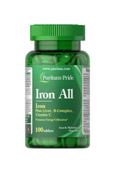 Puritan's Pride Iron All supplement, 100 tablets, with iron, B-vitamins, and vitamin C for energy support.