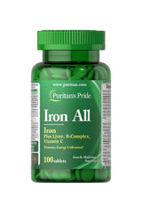 Puritan's Pride Iron All supplement, 100 tablets, with iron, B-vitamins, and vitamin C for energy support.