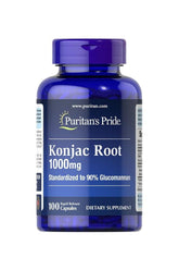 Puritan's Pride Konjac Root 1000mg dietary supplement, 100 rapid release capsules for weight loss and health benefits.