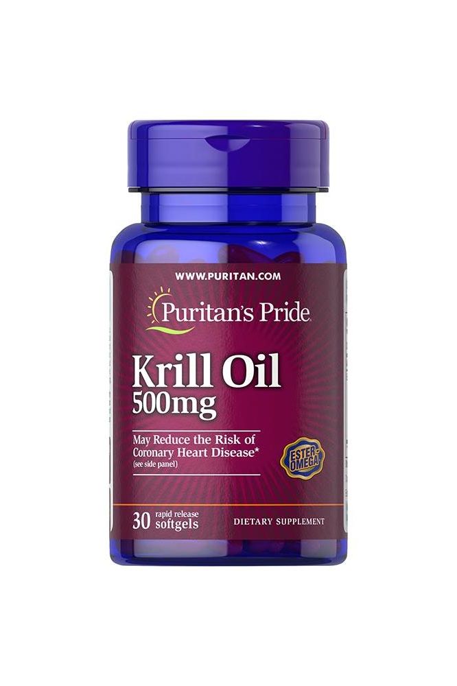 Puritan's Pride Krill Oil 500 mg bottle, 30 softgels for heart health and inflammation support.