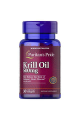 Puritan's Pride Krill Oil 500 mg bottle, 30 softgels for heart health and inflammation support.