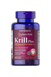Puritan's Pride Krill Oil Plus 1085 mg, 60 softgels for heart health and omega-3 support, dietary supplement.
