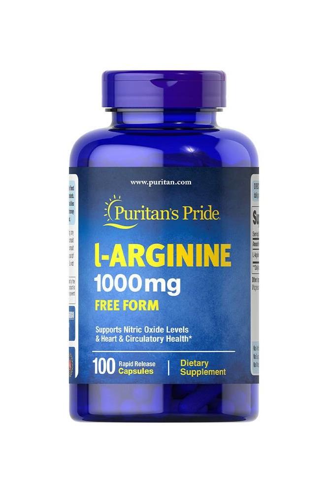 Puritan's Pride L-Arginine 1000 mg supplement bottle, 100 capsules, supports energy and cardiovascular health.