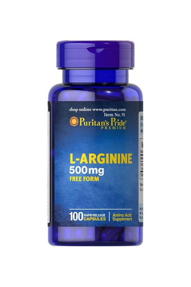 Puritan's Pride L-Arginine 500 mg supplement bottle with 100 capsules for energy and immune support.