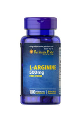 Puritan's Pride L-Arginine 500 mg supplement bottle with 100 capsules for energy and immune support.