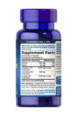Puritan's Pride L-Arginine L-Ornithine L-Lysine supplement bottle showing nutritional facts and serving details.
