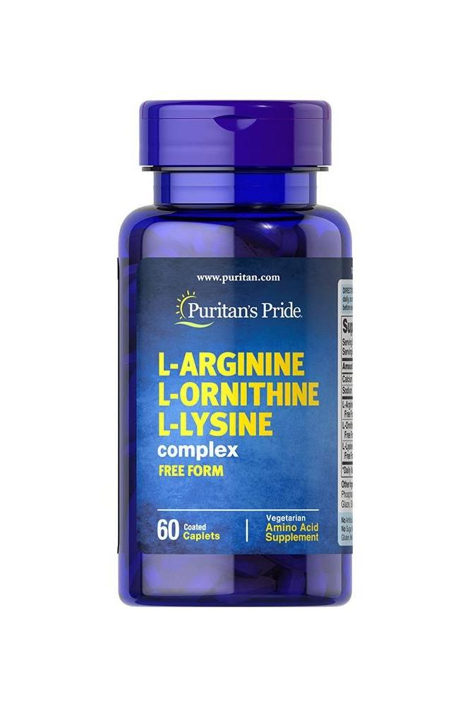 Puritan's Pride L-Arginine L-Ornithine L-Lysine caplets in blue bottle, 60 count dietary supplement for muscle recovery.