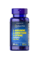 Puritan's Pride L-Arginine L-Ornithine L-Lysine caplets in blue bottle, 60 count dietary supplement for muscle recovery.