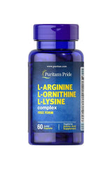 Puritan's Pride L-Arginine L-Ornithine L-Lysine caplets in blue bottle, 60 count dietary supplement for muscle recovery.