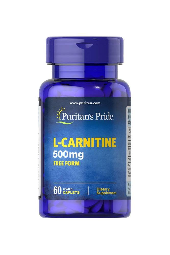 Puritan's Pride L-Carnitine 500 mg dietary supplement bottle, 60 coated caplets for fat metabolism support.