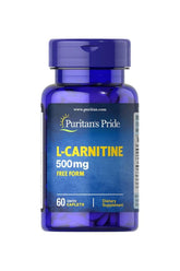 Puritan's Pride L-Carnitine 500 mg dietary supplement bottle, 60 coated caplets for fat metabolism support.