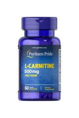 Puritan's Pride L-Carnitine 500 mg dietary supplement bottle, 60 coated caplets for fat metabolism support.