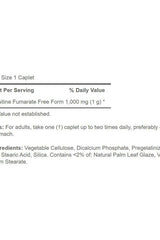 Nutrition label for Puritan's Pride L-Carnitine Fumarate 1000 mg caplets detailing ingredients and serving size.