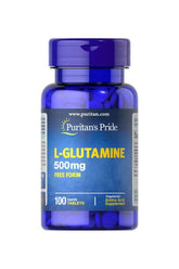 Puritan's Pride L-Glutamine 500 mg in blue bottle, 100 vegetarian tablets for muscle recovery and training support.