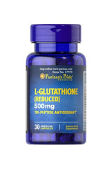 Puritan's Pride L-Glutathione 500 mg supplement bottle with 30 capsules, featuring antioxidant benefits for muscle health.