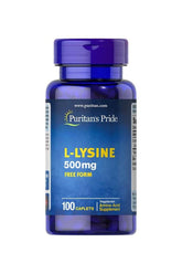Puritan's Pride L-Lysine 500mg caplets in blue bottle, 100 count, essential amino acid supplement.