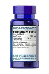 Puritan's Pride L-Lysine 500mg caplet supplement facts label, highlighting ingredients and nutritional information.