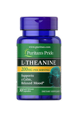 Puritan's Pride L-Theanine 200 mg supplement bottle for relaxation 30 rapid release capsules