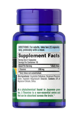Puritan's Pride L-Theanine 200 mg supplement bottle with clear label and supplement facts.