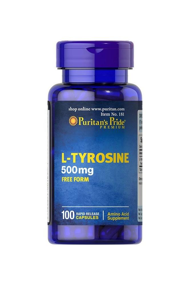 Puritan's Pride L-Tyrosine 500 mg supplement bottle with 100 rapid-release capsules