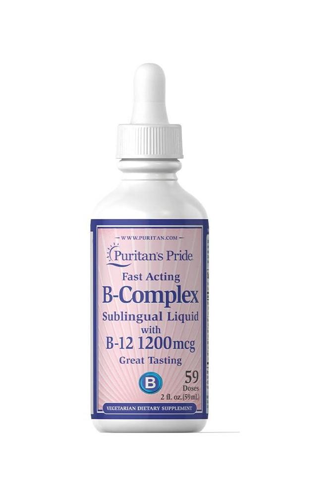 Puritan's Pride Liquid Vitamin B Complex with B-12, 2 oz bottle, provides 59 doses for healthy nerve tissue and energy metabolism.