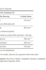 Supplement facts for Liv-A-New® capsules, showing serving size and ingredient details.