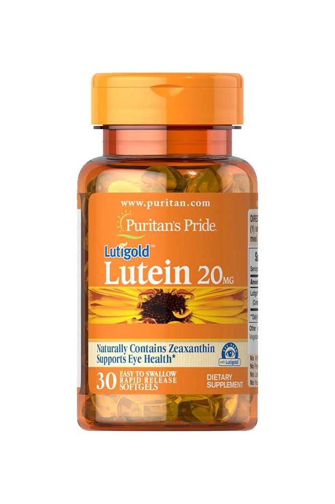 Puritan's Pride Lutein 20 mg softgels bottle, supports eye health with zeaxanthin and antioxidants.