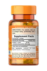 Puritan's Pride Lutein 20 mg with Zeaxanthin softgel bottle, supports eye health and vision.