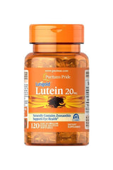 Puritan's Pride Lutein 20 mg softgels bottle, supports eye health and contains zeaxanthin, 120 capsules.