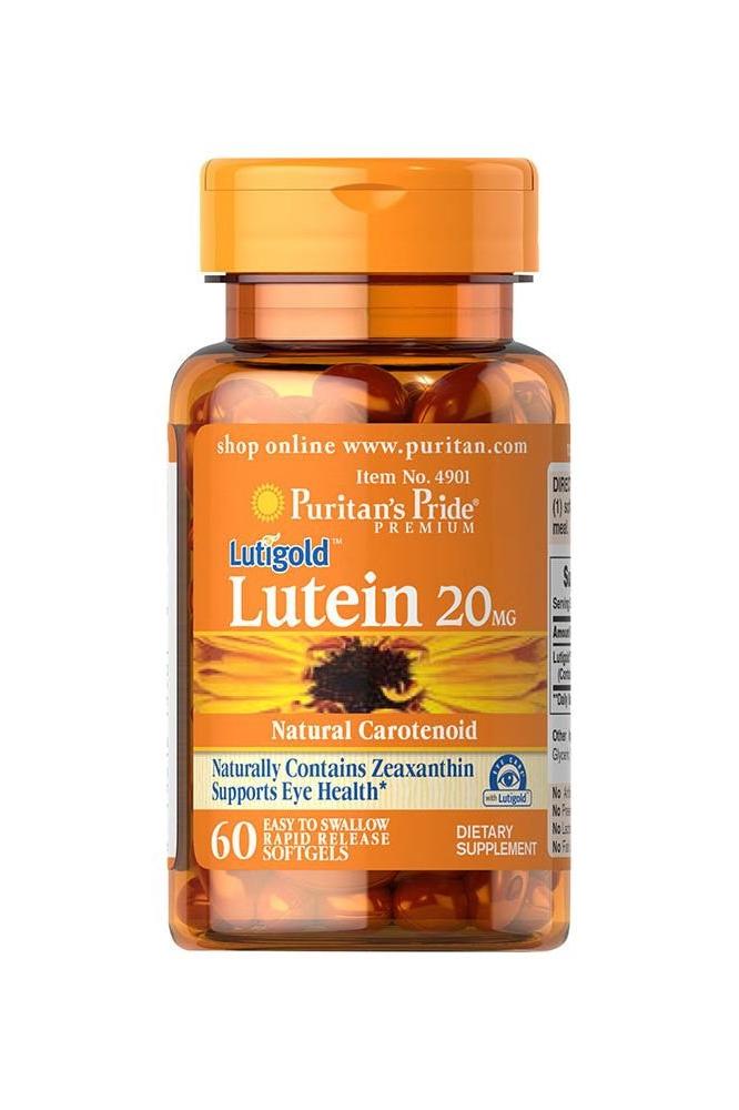 Puritan's Pride Lutein 20MG with Zeaxanthin - 60 softgels for eye health and night vision support.