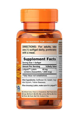 Puritan's Pride Lutein 40 mg softgel bottle with supplement facts and directions for use.