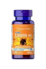 Puritan's Pride Lutein 40 mg supplement bottle with Zeaxanthin for eye health support, 120 softgels