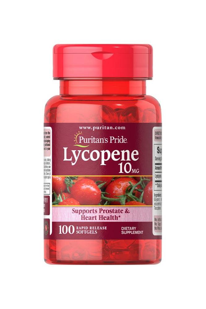 Puritan's Pride Lycopene 10 mg bottle, supports prostate and heart health, dietary supplement, 100 softgels.